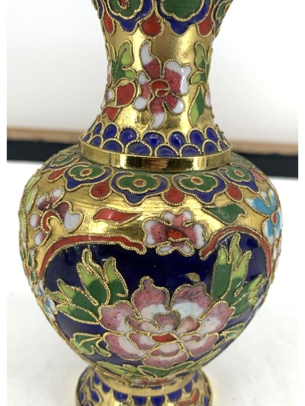 Asian Chinese Cloisonne Open Work Enamel Metal Floral Vases 6"